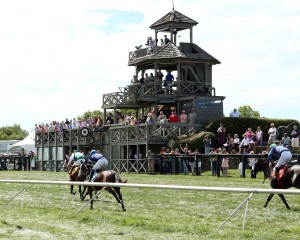 Horses approach the finish line at Great Meadow. The Virginia Gold Cup on May 7th will feature several flat races.