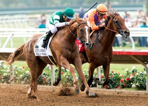 Stellar Wind (outside)  upset Beholder at Del Mar Saturday in the Grade I Clement Hirsch Stakes. Courtesy of Benoit Photography. 