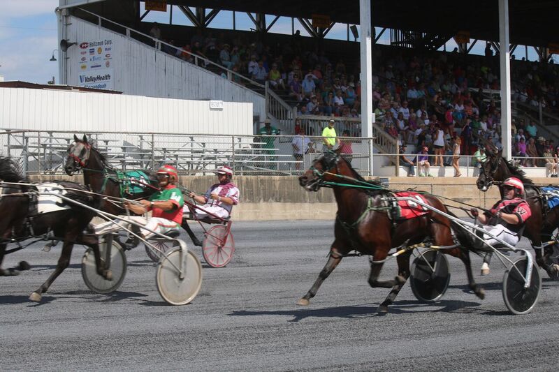 Horses approach the finish in front of an appreciative crowd at the Shenandoah County Fair. Photo by Andy Huffmyer.  