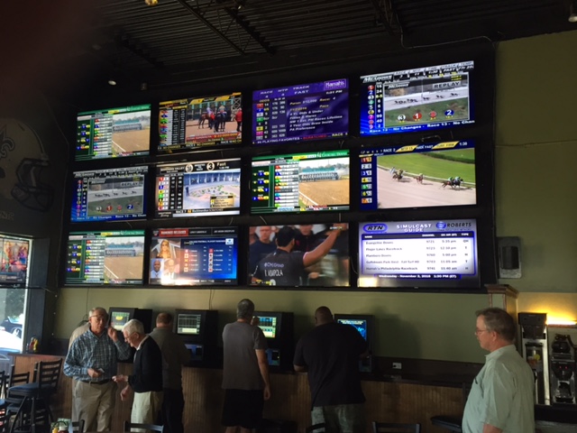 The OTB at Breakers has a giant video wall, showing racing action from tracks around the country. 
