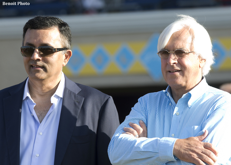 Owner Kaleem Shah, left, await's the return of Klimt with trainer Bob Baffert, right, after their victory in the Grade II, $200,00 Best Pal Stakes, Saturday, August 13, 2016 at Del Mar Thoroughbred Club, Del Mar CA.© BENOIT PHOTO