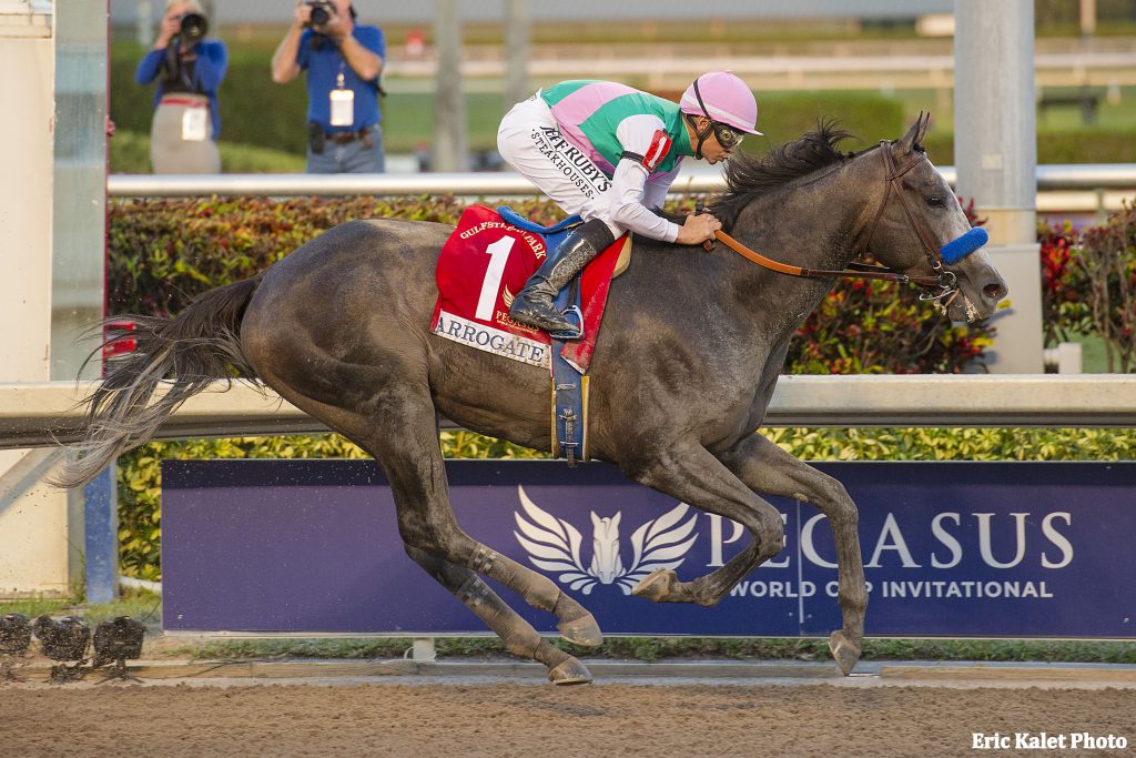 Arrogate and jockey Mike Smith win the 2017 Pegasus World Cup Invitational at Gulfstream Park. Photo by Eric Kalet.