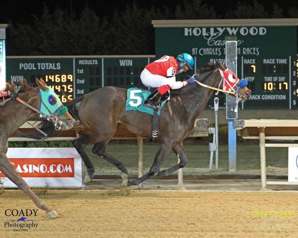 A horse for the course? Start Winning has captured four of her last seven starts at Charles Town including this triumph Jan. 27. Photo courtesy of Coady Photography.